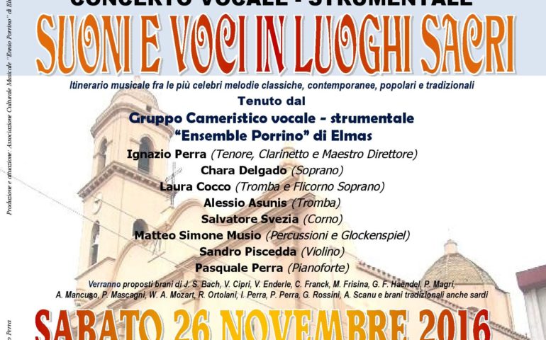 “Suoni e voci in luoghi sacri” concerto vocale strumentale sabato a Tortolì