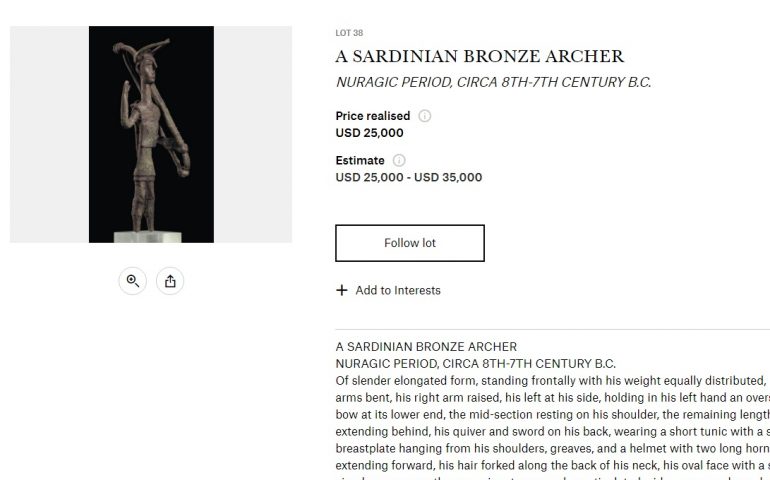 Bronzetto nuragico in vendita da Christie’s a New York. Il prezzo? 35mila dollari