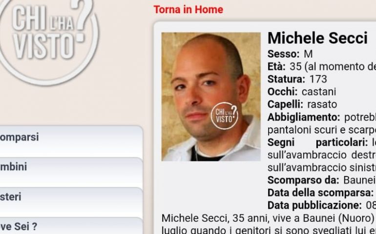 Continuano le ricerche del giovane baunese Michele Secci. Il caso arriva anche a “Chi l’ha visto?”
