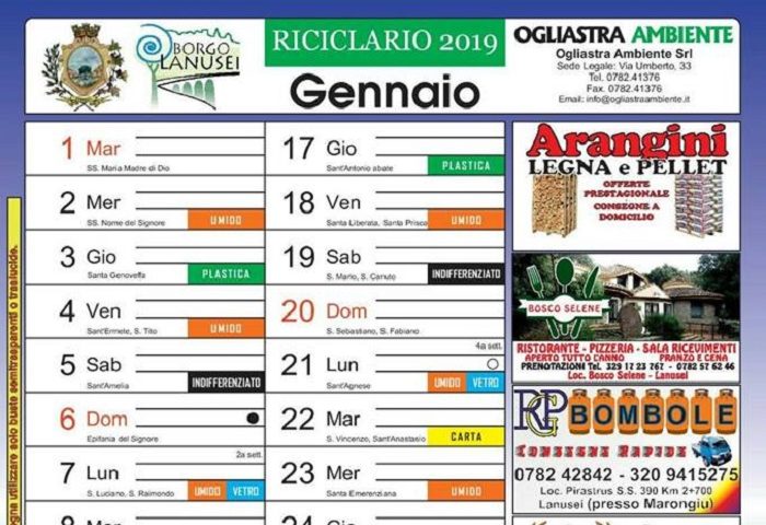 Lanusei, da lunedì 31 dicembre disponibile il nuovo calendario raccolta differenziata 2019