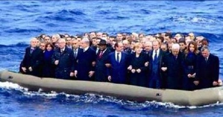 Il fotomontaggio dei leader europei su un gommone in mezzo al mare diventa virale