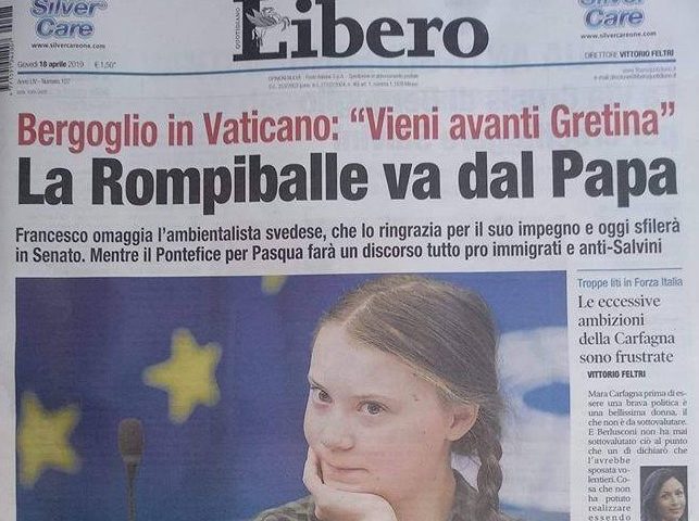 Libero choc: Eva Thunberg definita, in prima pagina, “Rompiballe” e “Gretina”