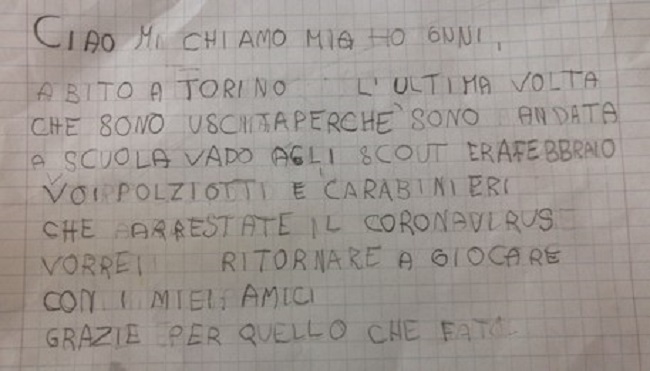 “Arrestate il Coronavirus, voglio tornare a giocare con i miei amici”: la lettera di una bambina alle forze dell’ordine