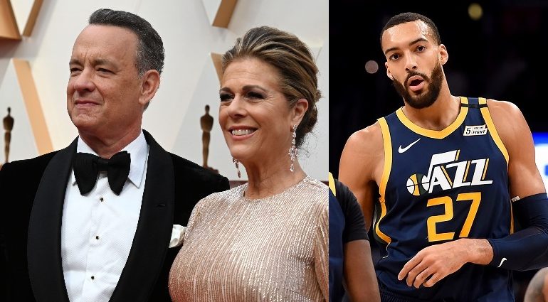 Tom Hanks e la moglie Rita Wilson e il giocatore dei Jaz Rudy Gobert