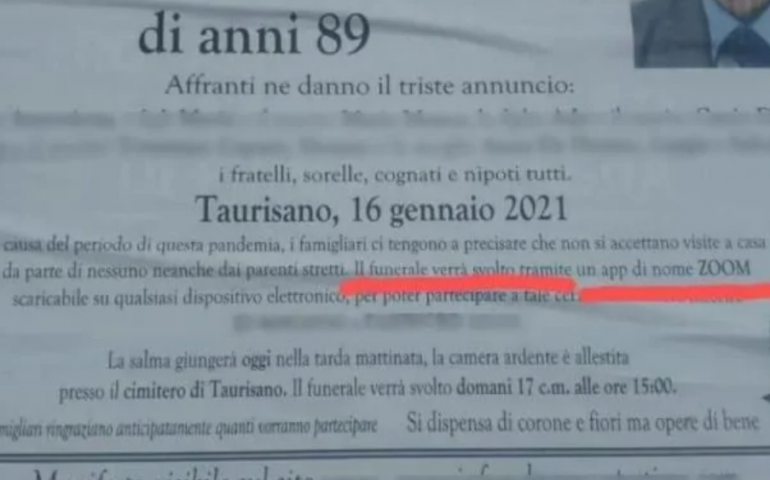 No agli assembramenti: a Lecce il funerale è su Zoom e la password sul necrologio