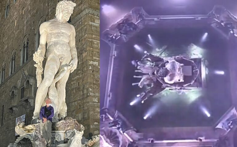 Firenze, turista sale sulla statua del Nettuno per una foto e provoca 5mila euro di danni